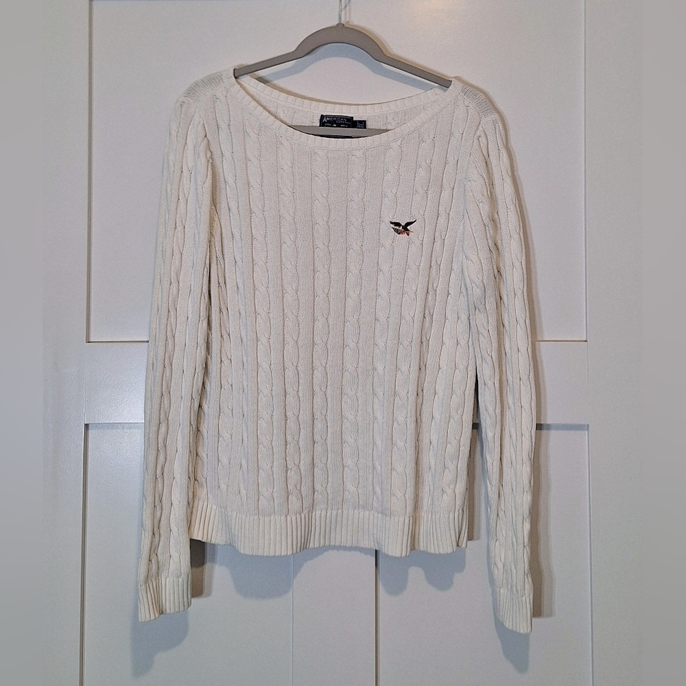American Living Cotton Cable Knit White Sweater Size Large